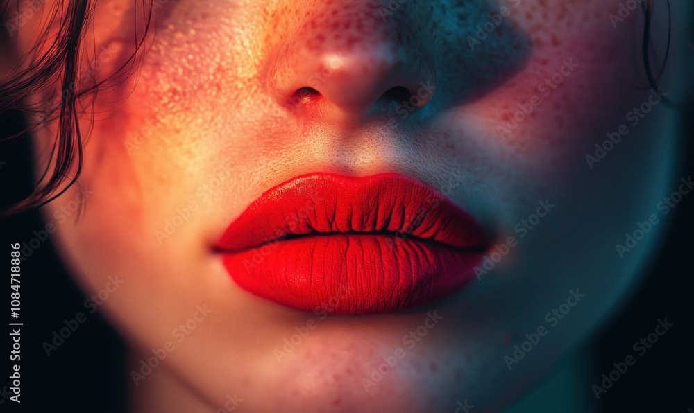 Obraz premium Close-up of vibrant red lips, detailed skin texture, freckles, dramatic lighting