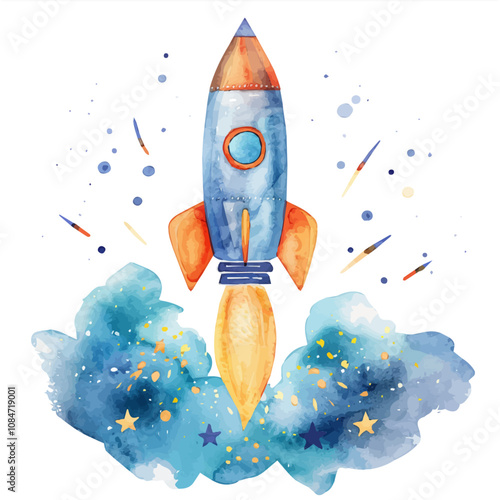 A watercolor of a rocket launching into space, isolated on a white background. Rocket launching into space vector.