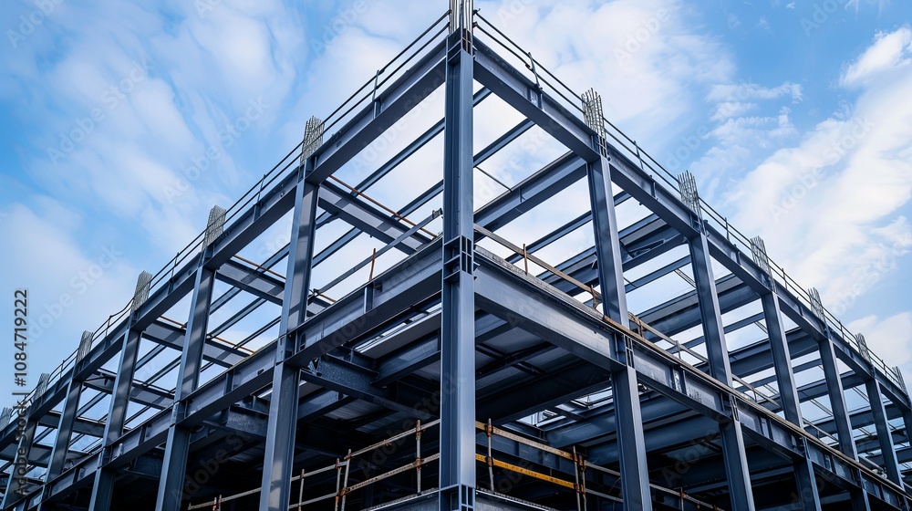 Steel Frame Structure of a Building Under Construction Against a Blue Sky Steel Frame Structure of a Building Under Construction Against a Blue Sky