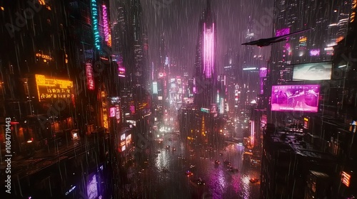 Rainy cyberpunk city street with neon signs and cars, Generate AI.