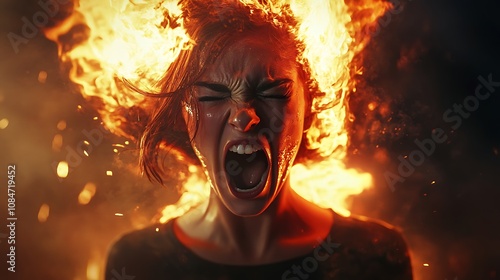 A woman screams in agony as flames engulf her head, her expression one of pure terror.