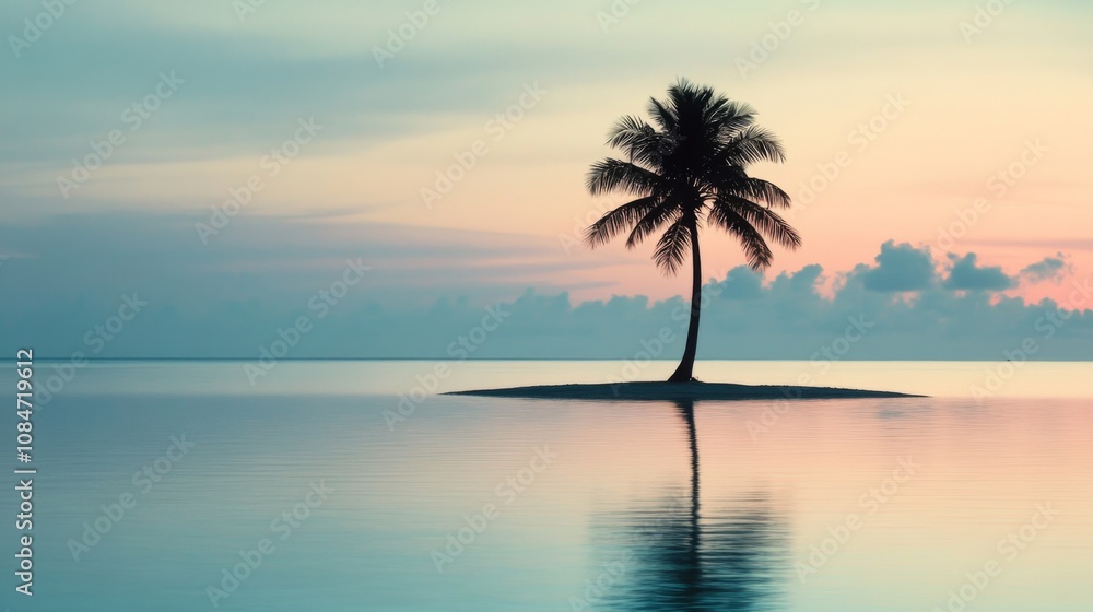 Obraz premium A single palm tree stands on a small island in the middle of a calm ocean at sunset. 