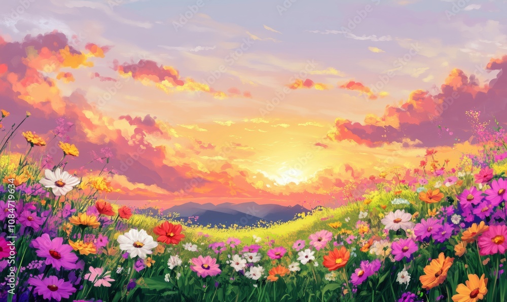 Vibrant sunset over flower field, colorful blooms in foreground, dramatic clouds, serene landscape, warm hues Vibrant sunset over flower field, colorful blooms in foreground, dramatic clouds, serene landscape, warm hues