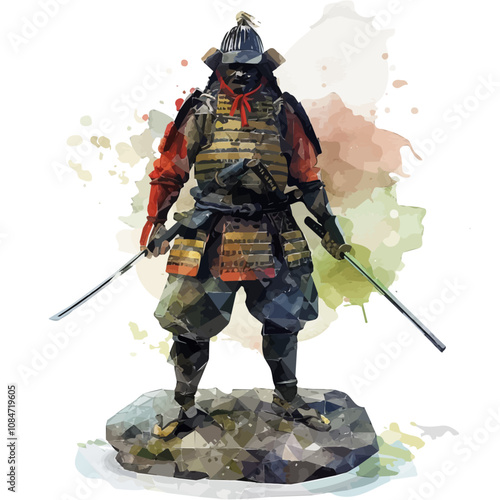 A watercolor vector of a samurai figurine, isolated on a white background. Samurai figurine vector.