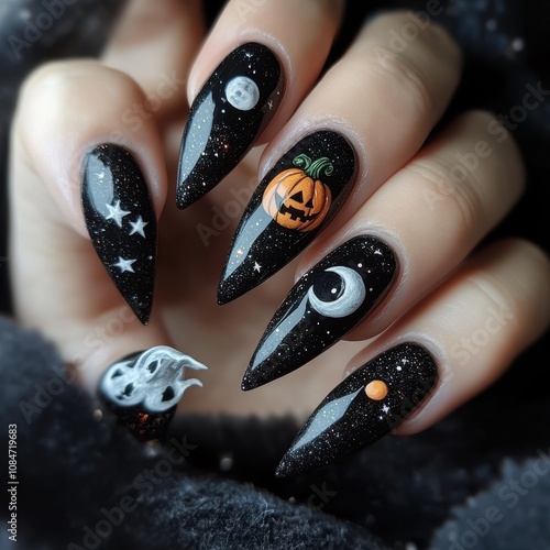 Black stiletto nails with a spooky Halloween design, featuring moons, stars, ghosts, and pumpkins. photo