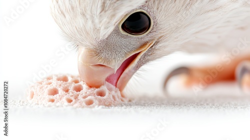 Closeup of a bird pecking at a textured corallike object against a white background. photo