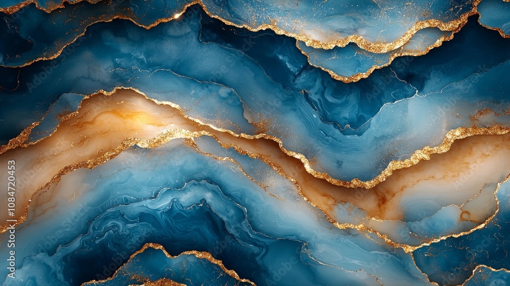 Abstract blue and gold marbled texture with flowing patterns. Abstract blue and gold marbled texture with flowing patterns.