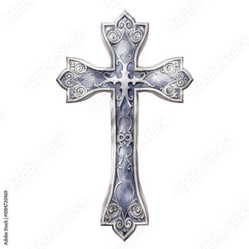 Ornate Silver and Blue Cross with Intricate Floral Designs