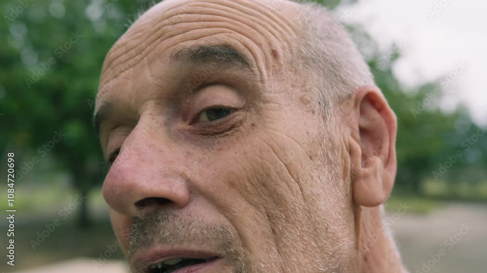 Elderly Man Looks With Visual Expression Of Curiosity Outside In The Park Elderly Man Looks With Visual Expression Of Curiosity Outside In The Park