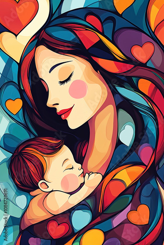 A colorful abstract illustration of a mother and child with swirls of color and hearts.