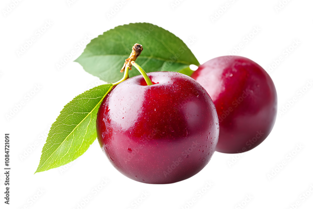 Red cherry plum with green leaves isolated png on a transparent background Red cherry plum with green leaves isolated png on a transparent background