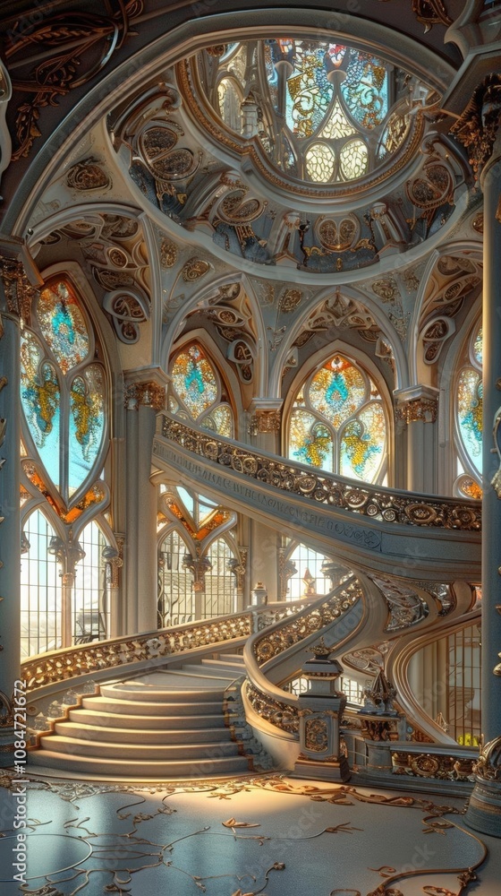 Obraz premium Explore the grandeur of Art Nouveau architecture from a worms-eye view Depict intricate details with digital 3D modeling