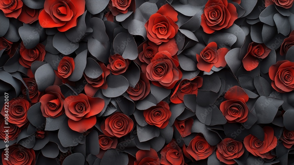 Close-up of a decorative wall covered in red paper roses and dark leaves, creating a textured floral pattern for a background or artistic installation. Close-up of a decorative wall covered in red paper roses and dark leaves, creating a textured floral pattern for a background or artistic installation.