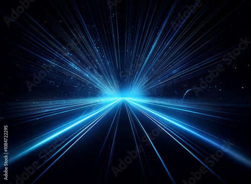 Abstract image depicting a glowing blue light streak, resembling a speeding vehicle or cosmic rays, emanating from a central vanishing point on a dark background.  The effect creates a sense of intens photo