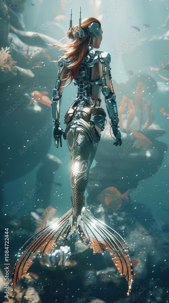 Fototapeta premium Illustrate a 3D CG model of a robotic mermaid in a VR seascape