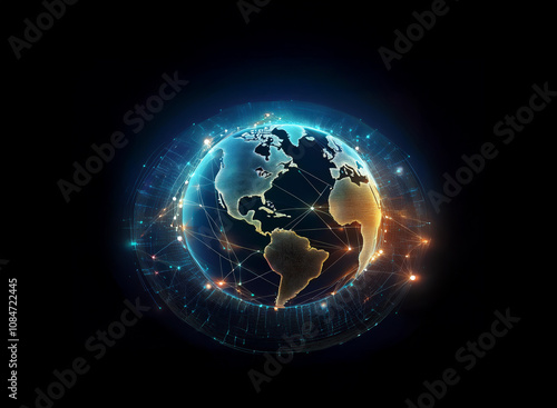 A digital rendering of Earth, glowing with vibrant blue and orange hues, interconnected by a network of lines, set against a black background.  The image suggests global connectivity and digital techn photo