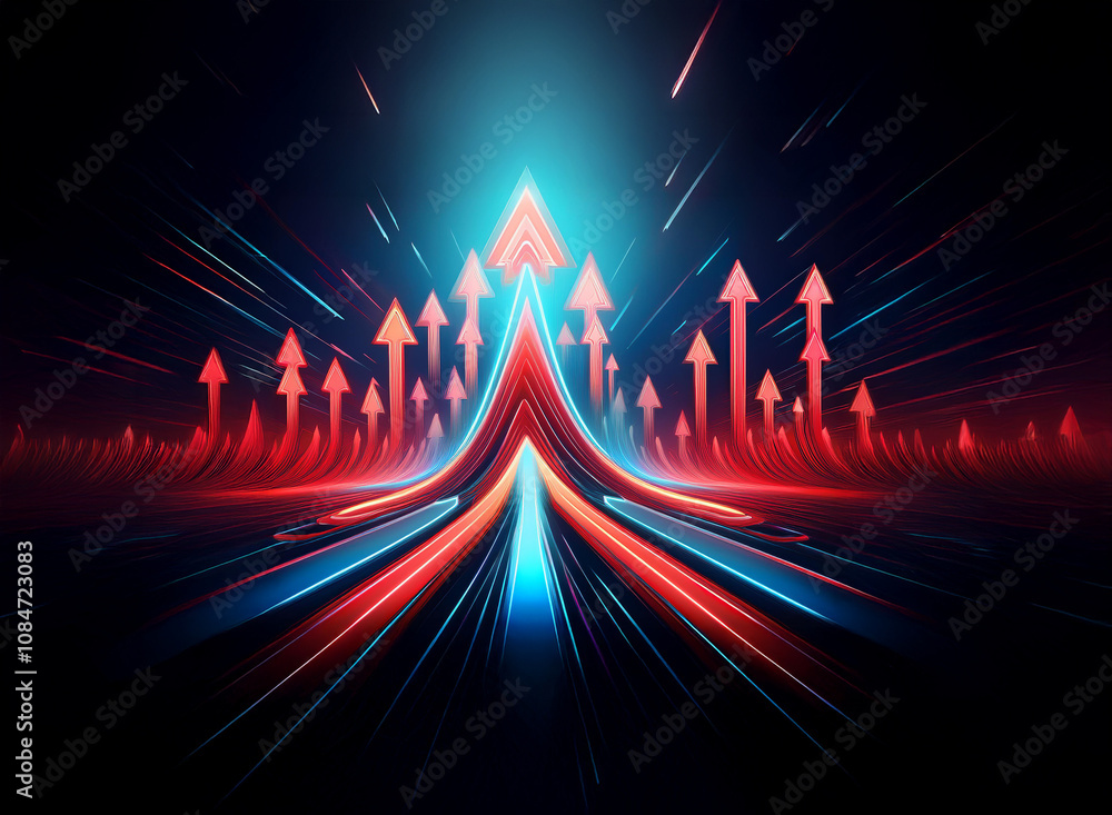 Abstract artwork depicting a futuristic highway of glowing red and blue arrows converging towards a central point, symbolizing upward growth and progress. The dark background emphasizes the vibrant a Abstract artwork depicting a futuristic highway of glowing red and blue arrows converging towards a central point, symbolizing upward growth and progress. The dark background emphasizes the vibrant a