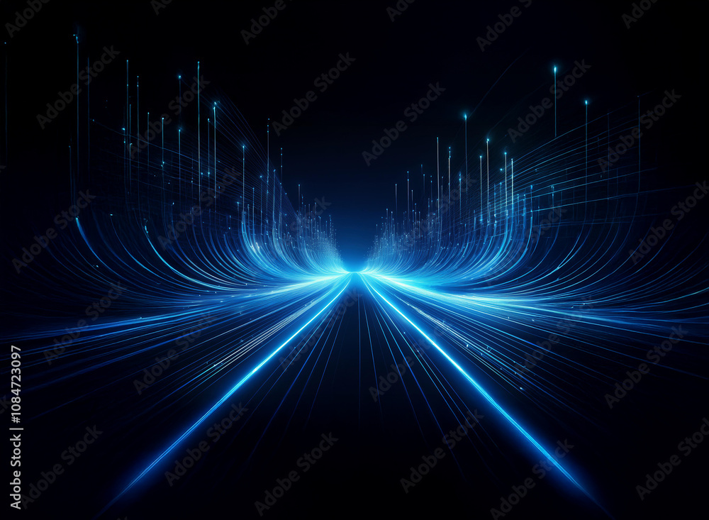 Obraz premium Abstract digital art depicting a glowing blue highway extending into a dark, starlit expanse. The lines converge at a vanishing point, creating a sense of depth and futuristic speed.