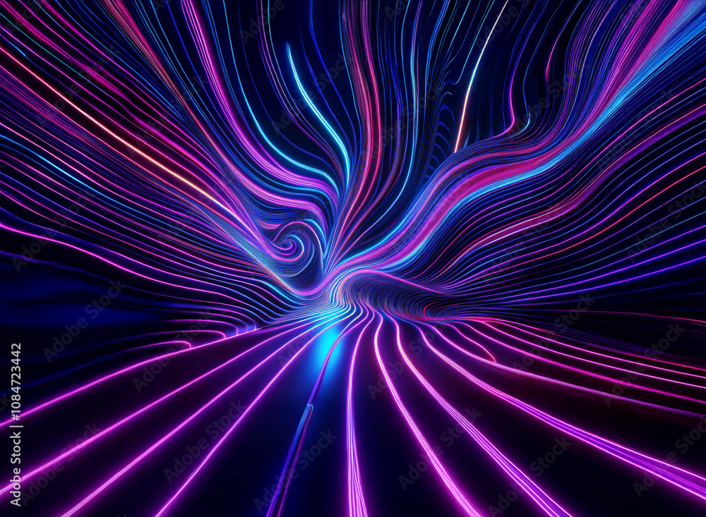 Abstract artwork featuring vibrant, swirling neon lines of purple, pink, and blue creating a dynamic, light trail effect. The colors blend and flow, creating a sense of movement and depth. Abstract artwork featuring vibrant, swirling neon lines of purple, pink, and blue creating a dynamic, light trail effect. The colors blend and flow, creating a sense of movement and depth.