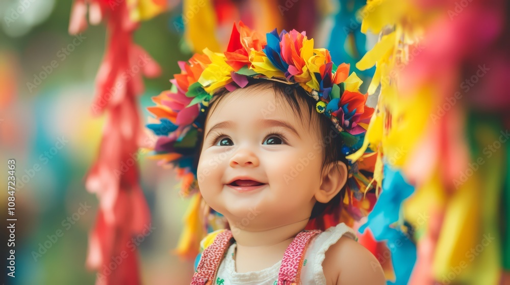 A smiling baby girl wearing a colorful flower crown. A smiling baby girl wearing a colorful flower crown.