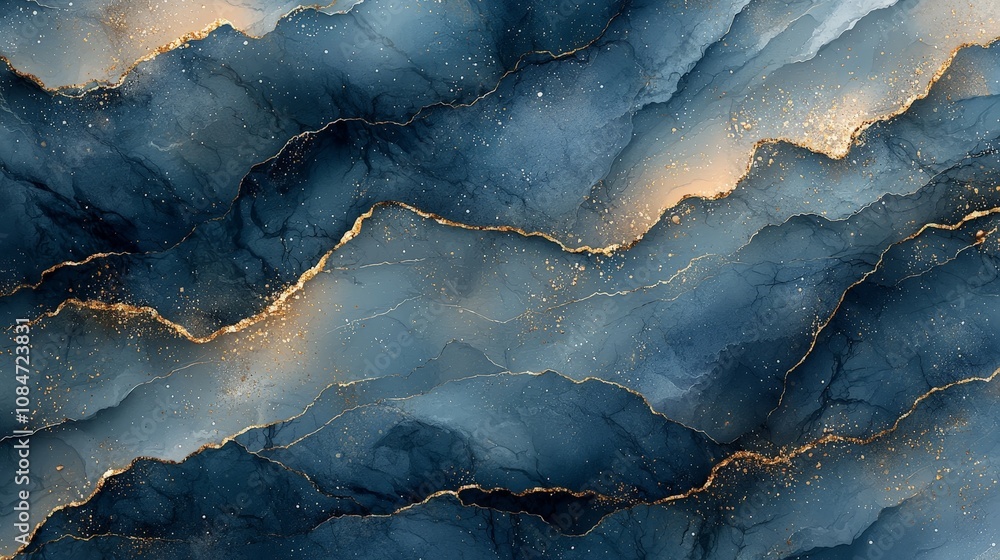 Abstract blue and gold marbled texture with flowing patterns and shimmering details. Abstract blue and gold marbled texture with flowing patterns and shimmering details.