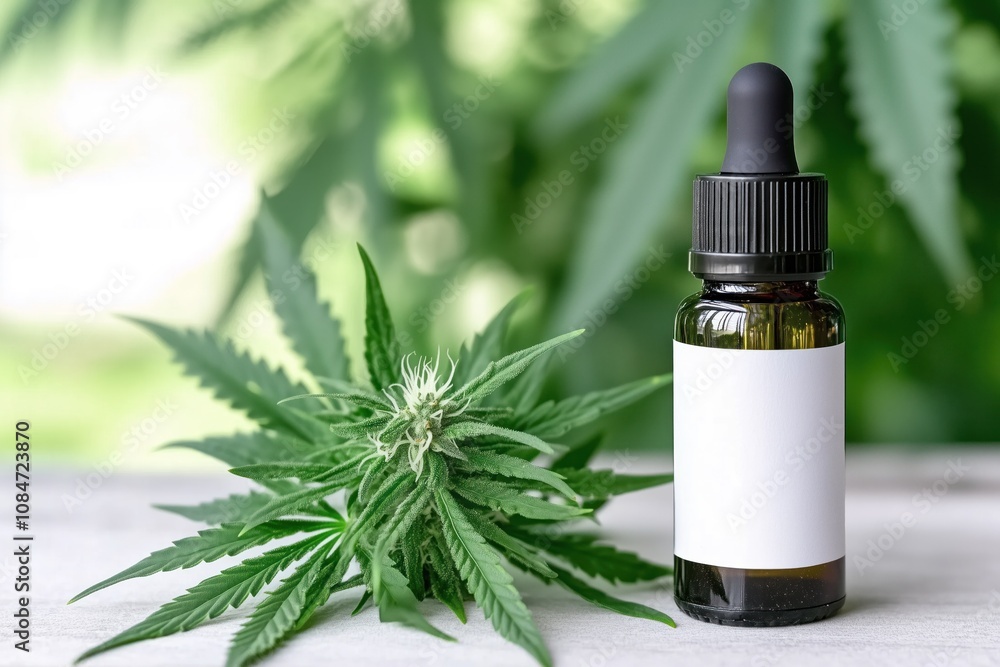 A close-up of a cannabis oil dropper bottle beside fresh green cannabis leaves, showcasing natural health products A close-up of a cannabis oil dropper bottle beside fresh green cannabis leaves, showcasing natural health products