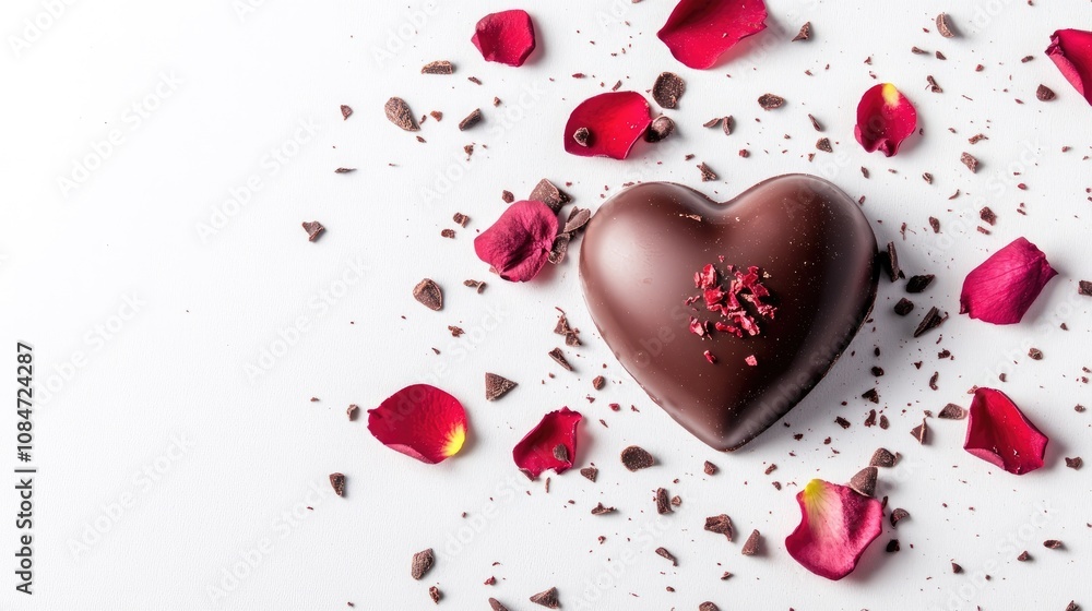 Heart-Shaped Chocolate with Rose Petals and Shavings Heart-Shaped Chocolate with Rose Petals and Shavings