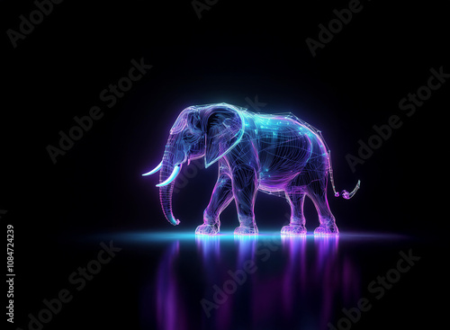 A luminous elephant, rendered in vibrant purple and blue particles, strides across a dark reflective surface. Its form is ethereal, suggesting digital art or a holographic projection.