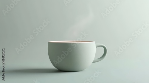 A steaming cup of coffee or tea on a light green background.