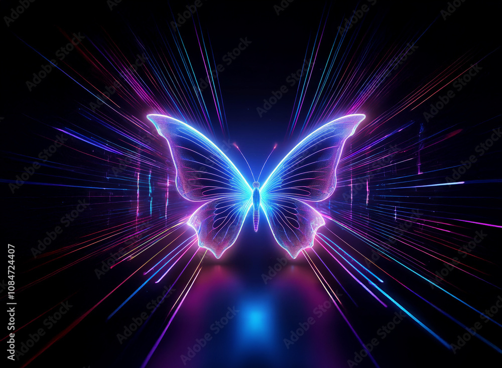 A vibrant neon butterfly, wings aglow, takes flight amidst a burst of multicolored light streaks. Its luminescent form creates a captivating, futuristic scene. A vibrant neon butterfly, wings aglow, takes flight amidst a burst of multicolored light streaks. Its luminescent form creates a captivating, futuristic scene.