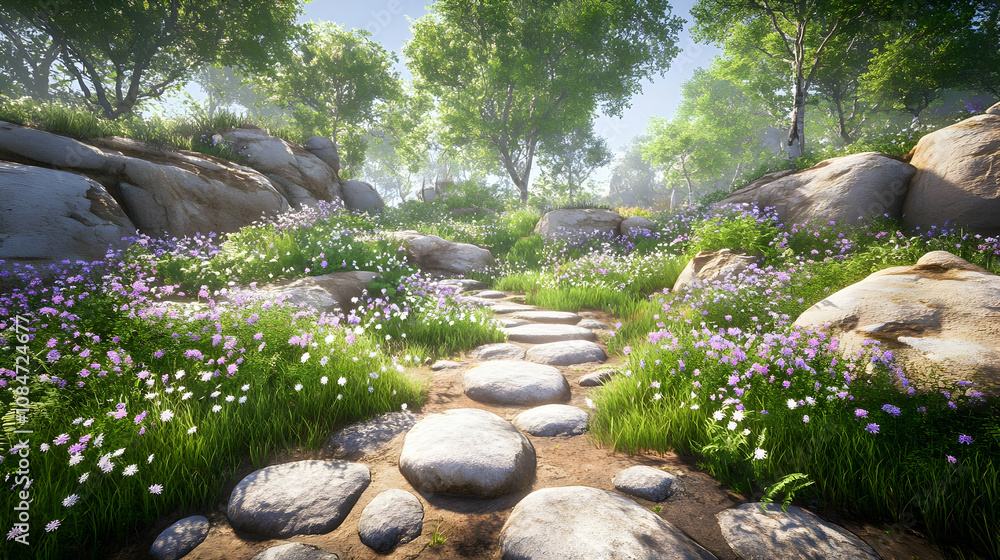 Stone Path Through a Lush Forest with Wildflowers 3D Illustration Stone Path Through a Lush Forest with Wildflowers 3D Illustration