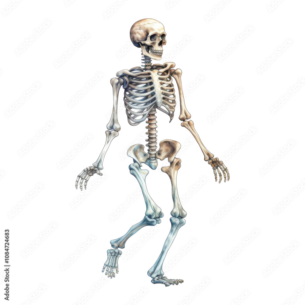 Anatomical illustration of a human skeleton in a walking pose. Anatomical illustration of a human skeleton in a walking pose.