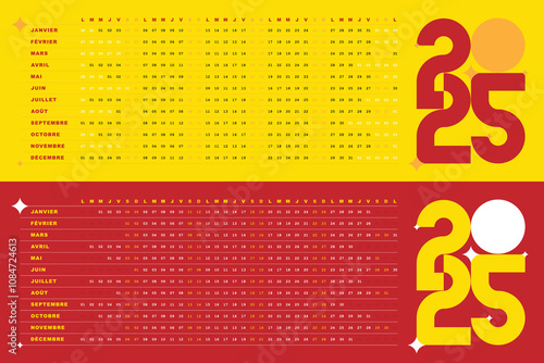 Calendrier 2025, Design creatif et Minimaliste avec Dates Horizontales, jaune et rouge