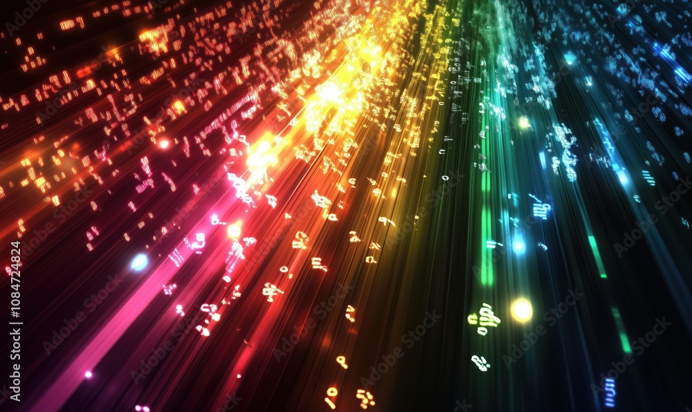 Colorful light beams with symbols and numbers, vibrant digital abstract background, representing data flow and technology Colorful light beams with symbols and numbers, vibrant digital abstract background, representing data flow and technology