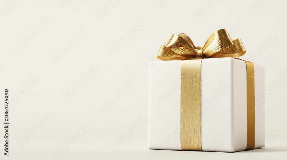 Elegant White Gift Box with Gold Ribbon on Neutral Background Elegant White Gift Box with Gold Ribbon on Neutral Background
