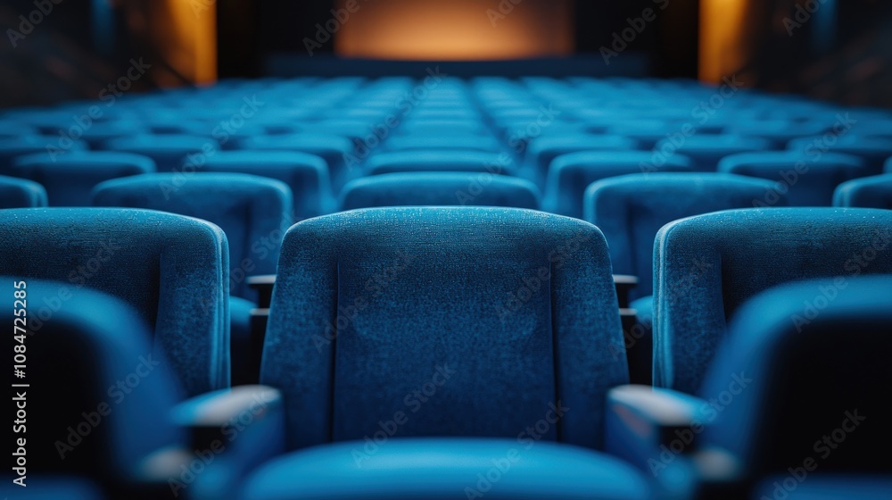 Empty blue theater seats in rows. Empty blue theater seats in rows.