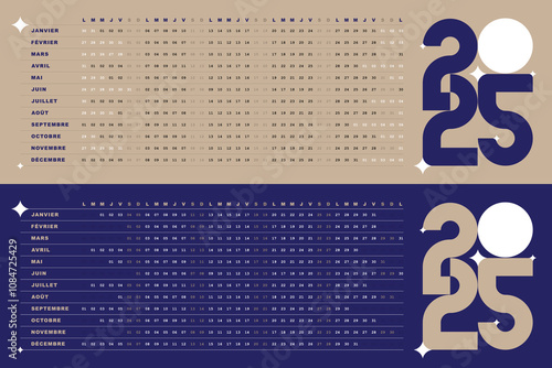 Bleu et beige Calendrier 2025, Design creatif et Minimaliste avec Dates Horizontales
