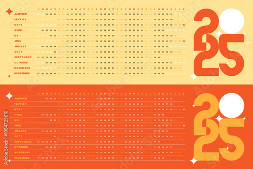 Calendrier 2025, Design creatif avec Dates Horizontales, couleur orange