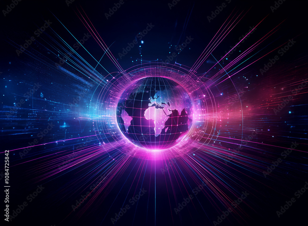 Fototapeta premium A glowing digital Earth surrounded by radiating light streaks and data streams, symbolizing global connectivity and technological advancement.