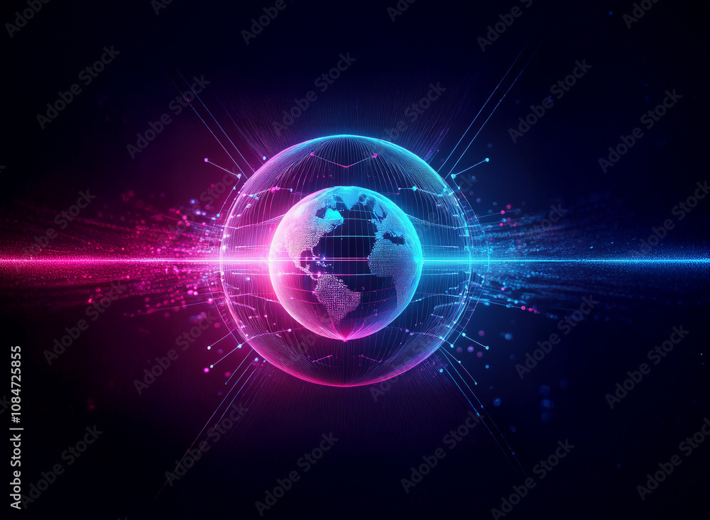 A glowing orb encases a digital Earth, radiating vibrant pink and blue energy. Network connections pulse outwards, symbolizing global connectivity and data flow. A glowing orb encases a digital Earth, radiating vibrant pink and blue energy. Network connections pulse outwards, symbolizing global connectivity and data flow.
