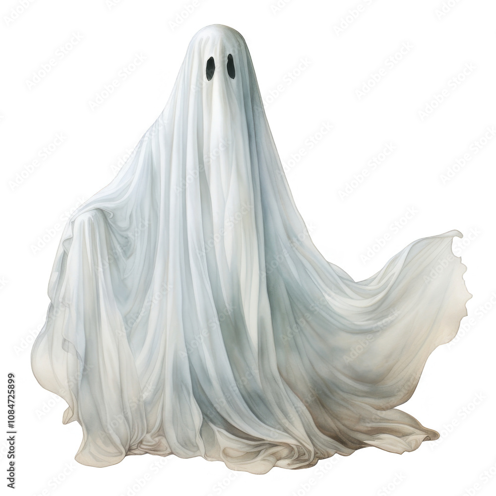 A spectral apparition, draped in ethereal white fabric, floats serenely. A spectral apparition, draped in ethereal white fabric, floats serenely.