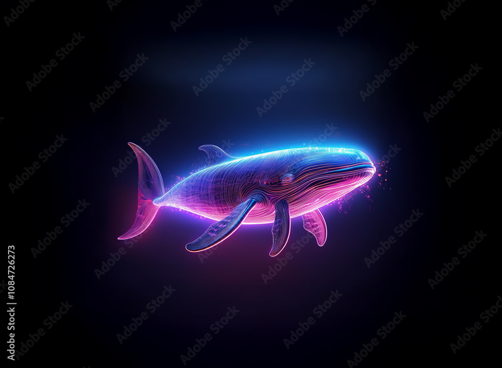 A bioluminescent whale, rendered in vibrant pink and blue neon glows, swims in the inky blackness of the deep sea. Its form is ethereal, almost otherworldly. A bioluminescent whale, rendered in vibrant pink and blue neon glows, swims in the inky blackness of the deep sea. Its form is ethereal, almost otherworldly.