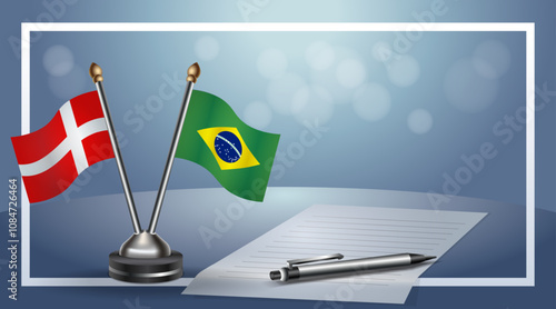Denmark and Brazil National flags on small table with bokeh background, cooperative relationship