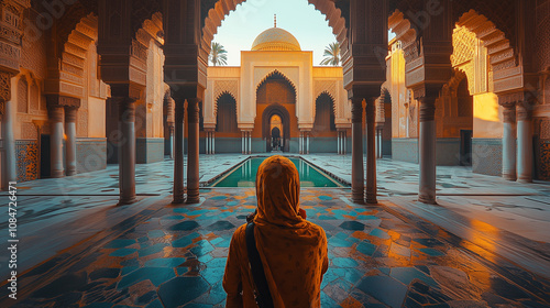 A perfectly symmetrical palace courtyard with identical columns lining both sides and a central water feature: A tourist with a five-fingered hand holding a camera captures the sce