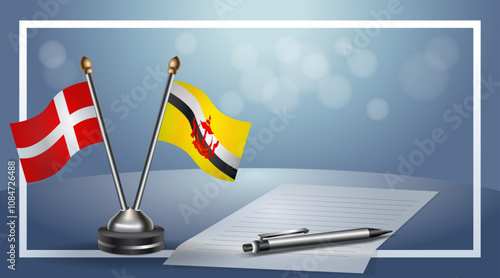 Denmark and Brunei National flags on small table with bokeh background, cooperative relationship