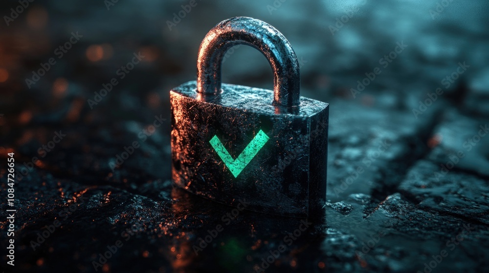 Fototapeta premium Here's a description for your image, following your specificationsWeathered padlock with glowing checkmark, signifying security and data protection.
