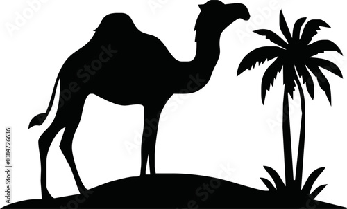 Camel. Black silhouette of a walking camel isolated on a white background. Hand-drawn illustration
