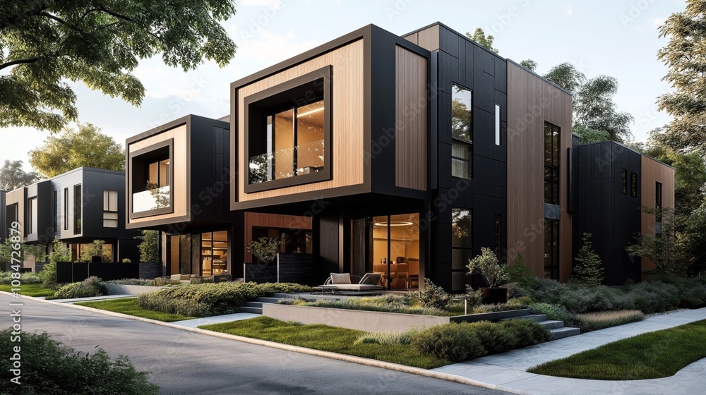 Modern row of contemporary cubic houses with large windows and wooden facades set in a suburban neighborhood surrounded by lush greenery and a clean sidewalk.