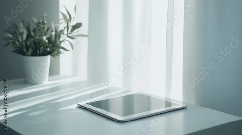 A white tablet computer rests on a white table with a potted plant and a window in the background.