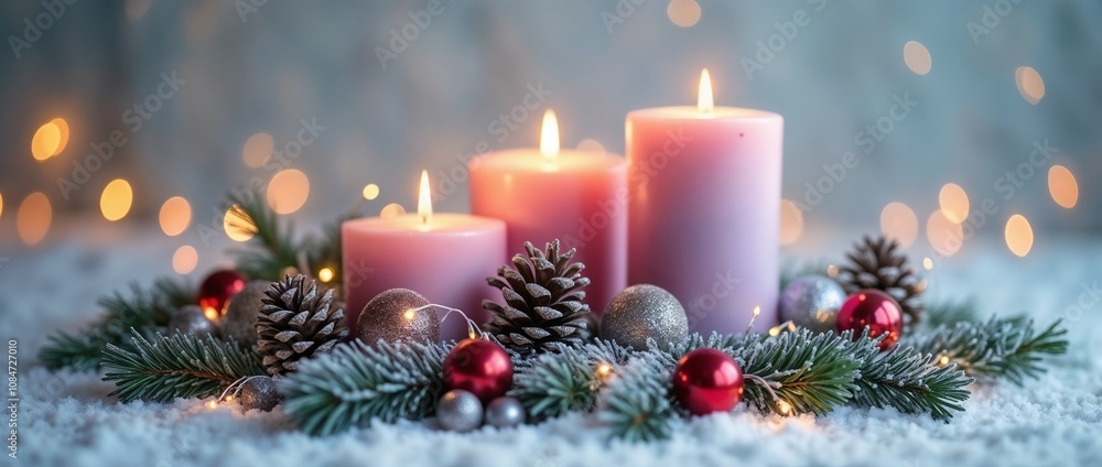 A festive Christmas scene featuring glowing candles surrounded by pine cones, ornaments, and evergreen branches. Warm bokeh lights add a magical ambiance perfect for holiday celebrations and seasonal A festive Christmas scene featuring glowing candles surrounded by pine cones, ornaments, and evergreen branches. Warm bokeh lights add a magical ambiance perfect for holiday celebrations and seasonal